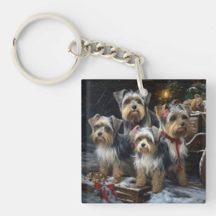 Biewer Terrier Snowy Sleigh Christmas Decor Keychain