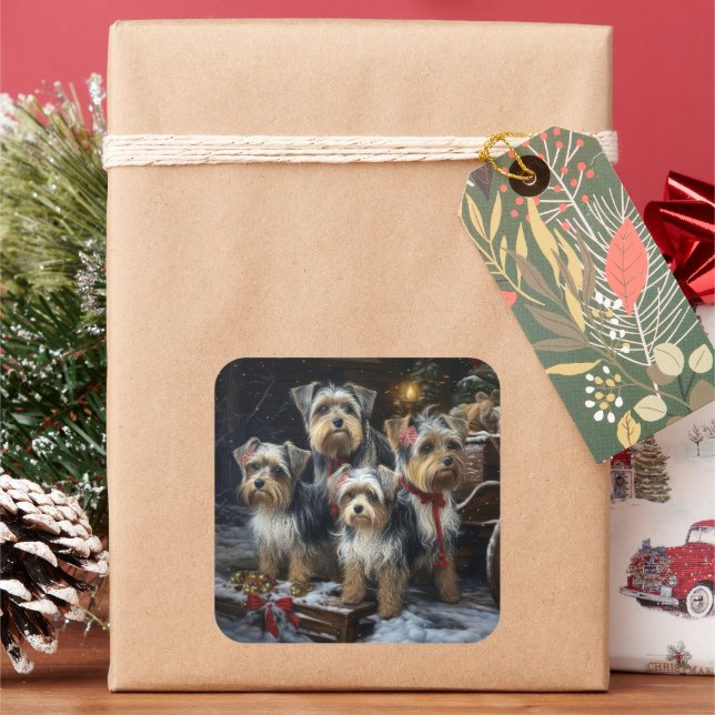 Biewer Terrier Snowy Sleigh Christmas Decor Square Sticker (Holiday)