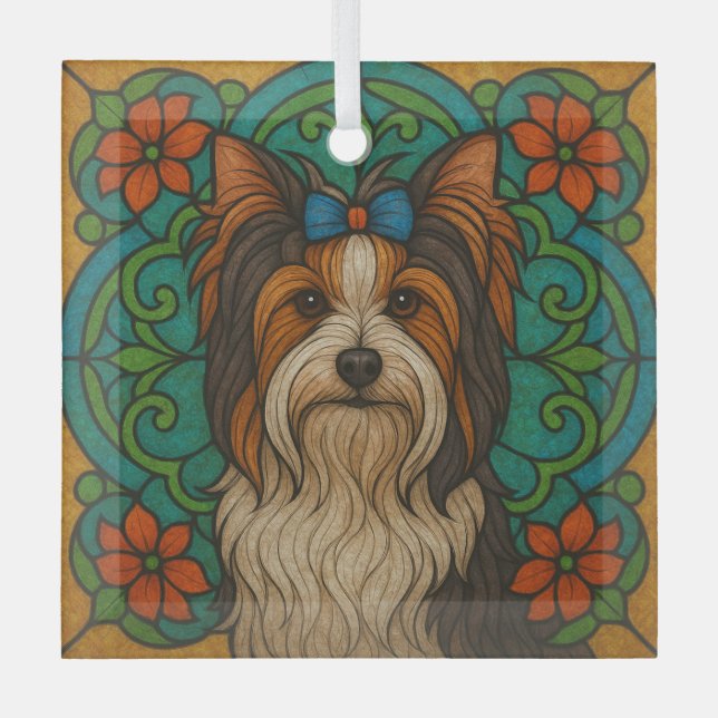 Biewer Terrier "Stained Glass"  Glass Ornament (Front)