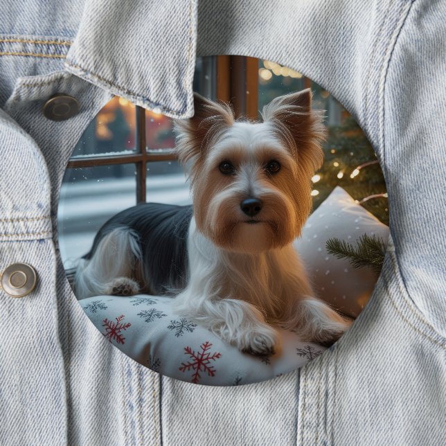 Biewer Terrier With Christmas Lights Holiday 6 Inch Round Button (In Situ)