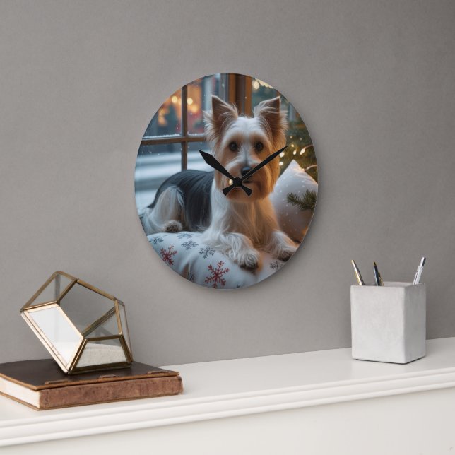 Biewer Terrier With Christmas Lights Holiday Large Clock (Office)