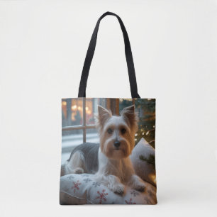 Biewer Terrier With Christmas Lights Holiday Tote Bag