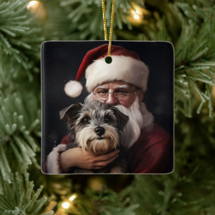 Biewer Terrier With Santa Claus Festive Christmas Ceramic Ornament