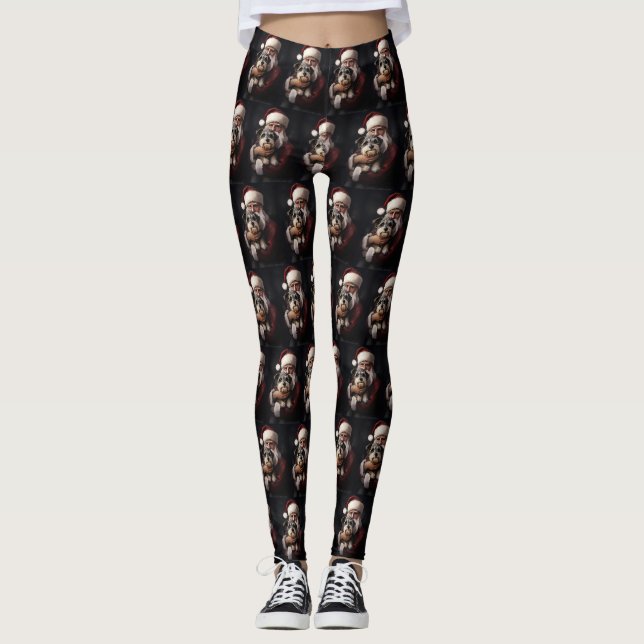 Biewer Terrier With Santa Claus Festive Christmas Leggings (Front)
