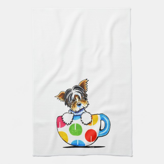 Biewer Yorkie Polka Dot Cup Kitchen Towel (Vertical)
