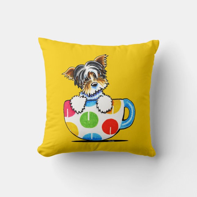 Biewer Yorkie Polka Dot Cup Throw Pillow (Front)