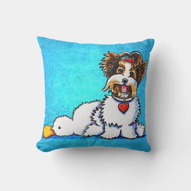 Biewer Yorkie Wanna Play Blue Outdoor Pillow (Front)