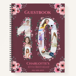 Big 10th Birthday Girl Photo Pink Flower Guestbook Notebook