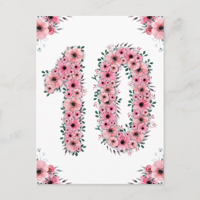 Big 10th Birthday Pink Flowers Girl Green Foliage Postcard (Front)