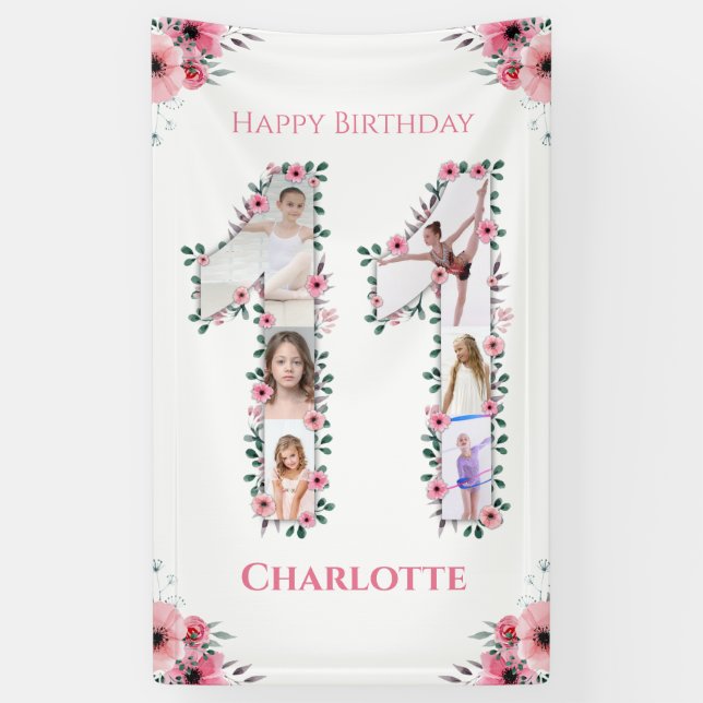 Big 11th Birthday Girl Photo Collage Pink Flower Banner (Vertical)