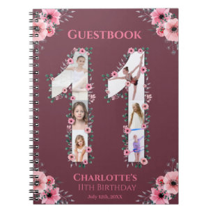Big 11th Birthday Girl Photo Pink Flower Guestbook Notebook