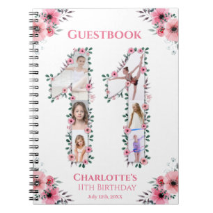 Big 11th Birthday Girl Photo Pink Flower Guestbook Notebook