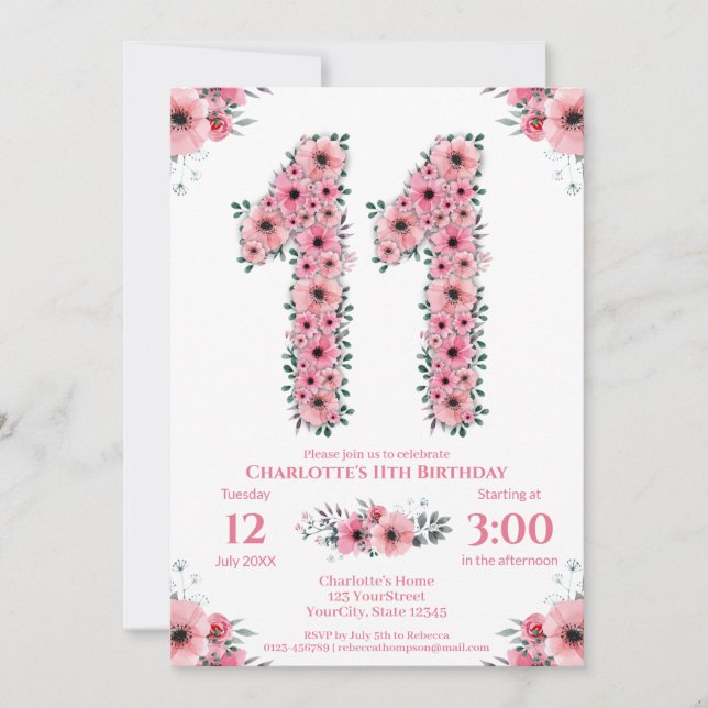 Big 11th Birthday Green Foliage Girl Pink Flowers Invitation (Front)