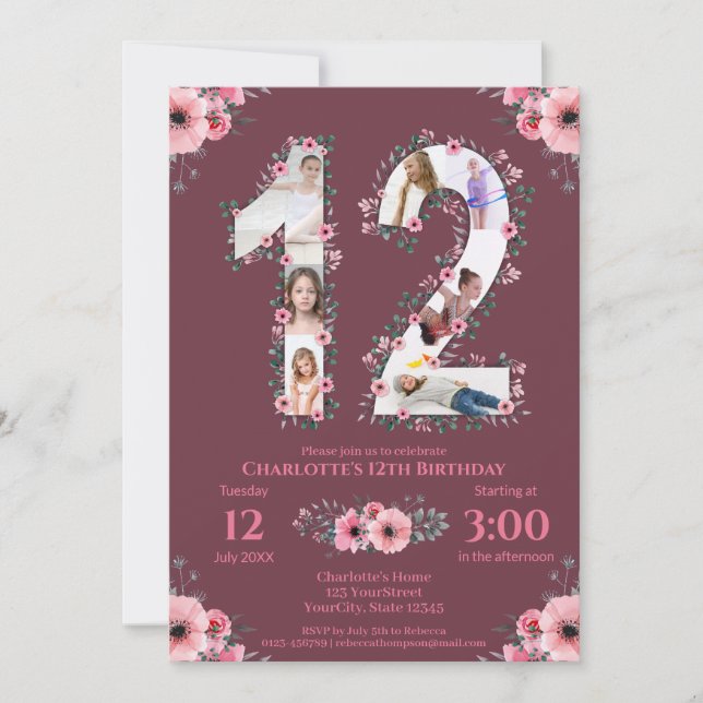 Big 12th Birthday Girl Photo Collage Pink Flower Invitation (Front)