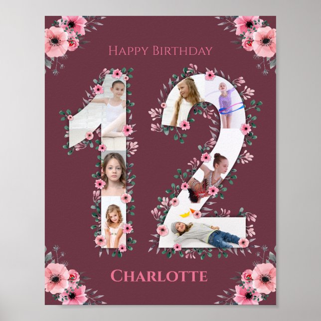 Big 12th Birthday Pink Flower Girl Photo Collage Poster (Front)