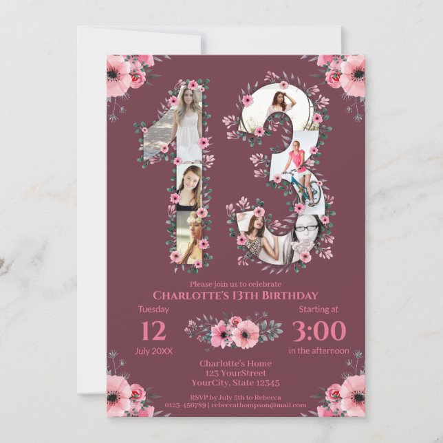Big 13th Birthday Girl Photo Collage Pink Flower Invitation (Front)