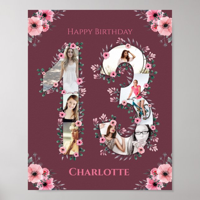 Big 13th Birthday Pink Flower Girl Photo Collage Poster (Front)