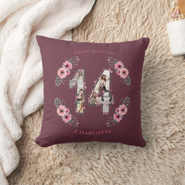 Big 14th Birthday Girl Pink Flower Photo Collage Throw Pillow (Blanket)