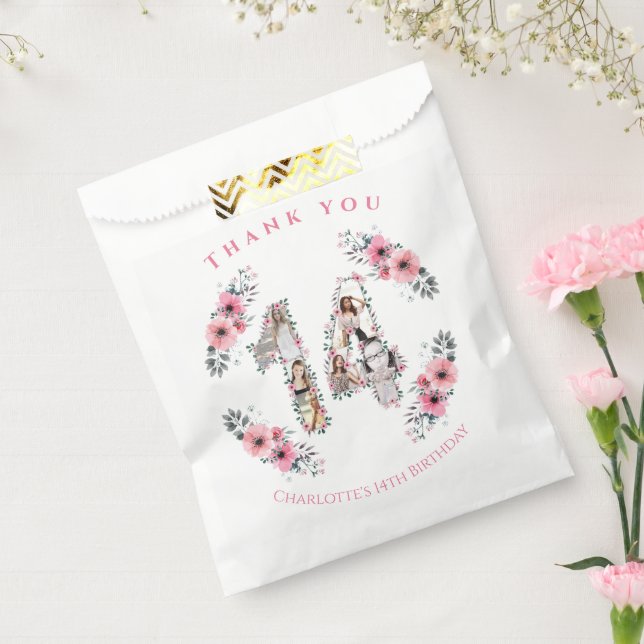 Big 14th Girl Birthday Photo Collage Pink Flower Favour Bag (Sealed)