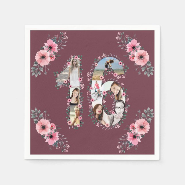 Big 16th Birthday Girl Flower Photo Collage Napkin (Front)