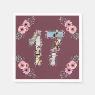 Big 17th Birthday Girl Flower Photo Collage Napkin