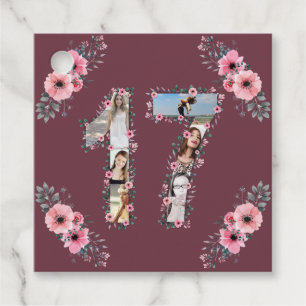 Big 17th Girl Birthday Photo Collage Pink Flower Favour Tags