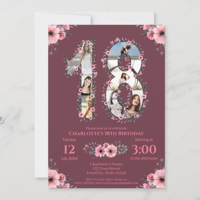 Big 18th Birthday Girl Photo Collage Pink Flower Invitation (Front)
