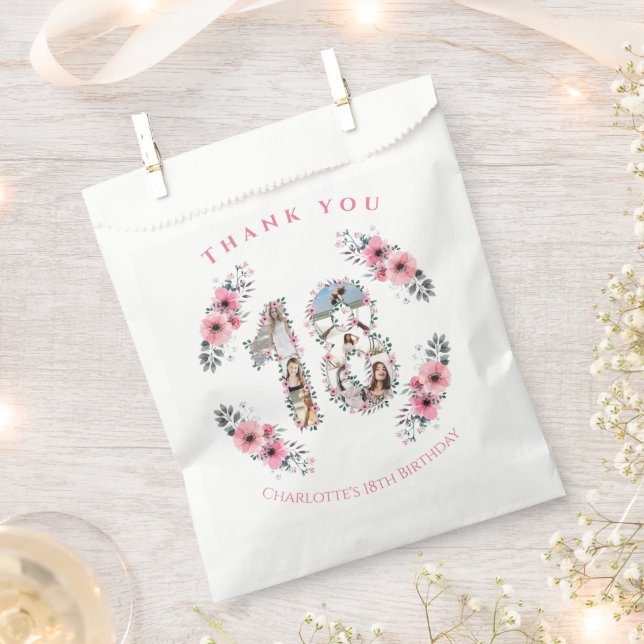 Big 18th Girl Birthday Photo Collage Pink Flower Favour Bag (Clipped)
