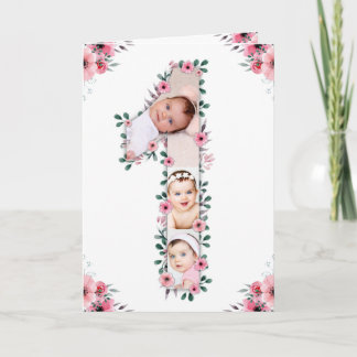 Big 1st Birthday Girl Photo Collage Pink Flower Card