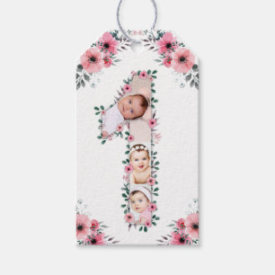 Big 1st Birthday Girl Photo Collage Pink Flower Gift Tags