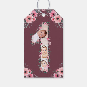Big 1st Birthday Girl Photo Collage Pink Flower Gift Tags