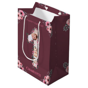 Big 1st Birthday Girl Photo Collage Pink Flower Medium Gift Bag