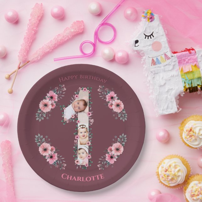 Big 1st Birthday Girl Photo Collage Pink Flower Paper Plate (Party)