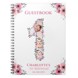 Big 1st Birthday Girl Photo Pink Flower Guest Book
