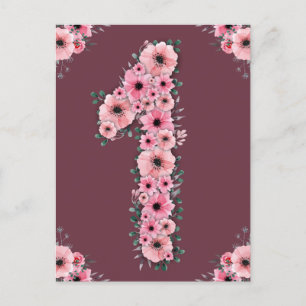 Big 1st Birthday Pink Flowers Girl Green Foliage Postcard