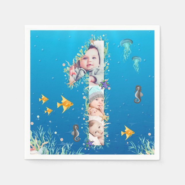 Big 1st Birthday Under The Sea Photo Collage Napkin (Front)