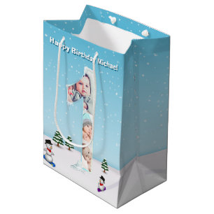 Big 1st Birthday Winter Snow Ice Photo Collage Medium Gift Bag