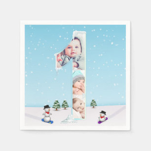 Big 1st Birthday Winter Snow Ice Photo Collage Napkin