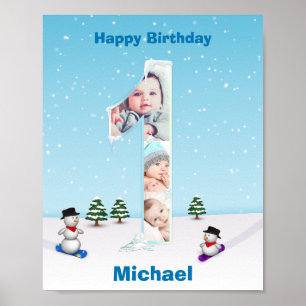Big 1st Birthday Winter Snow Ice Photo Collage Poster