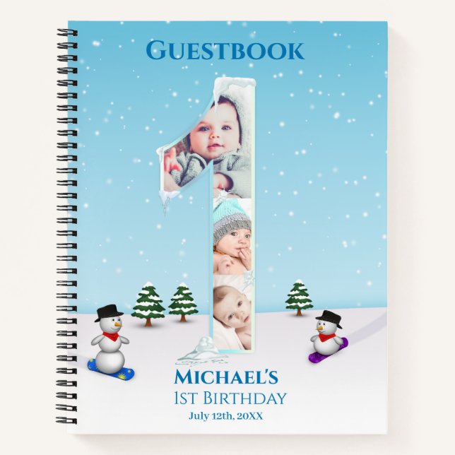 Big 1st Birthday Winter Snow Ice Photo Guest Book (Front)