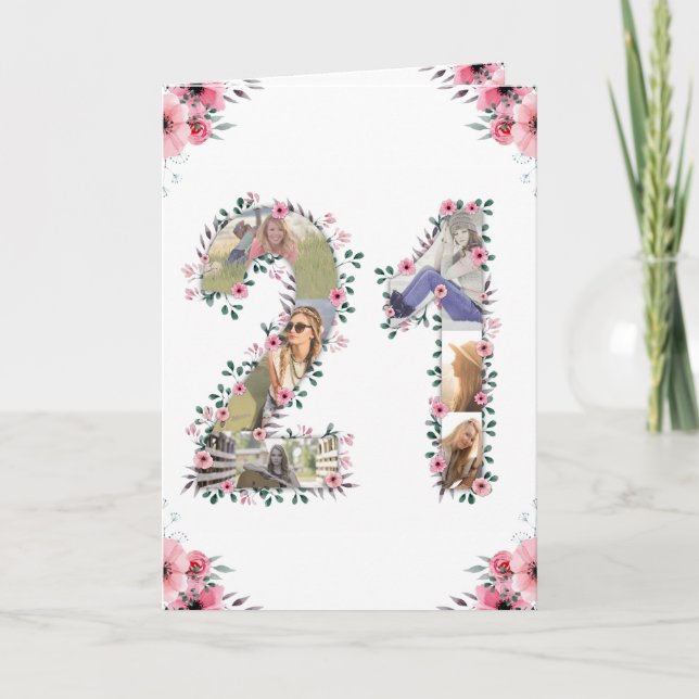 Big 21st Birthday Photo Collage Pink Flower White Card (Front)
