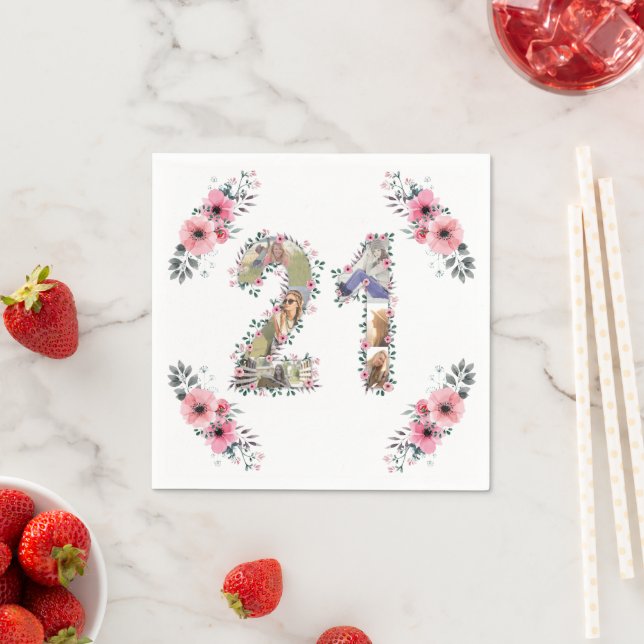 Big 21st Birthday Photo Collage Pink Flower White Napkin (Insitu)