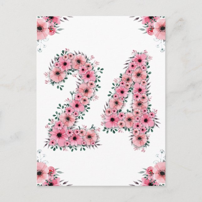 Big 24th Birthday Pink Flowers Girl Green Foliage Postcard (Front)