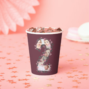 Big 2nd Birthday Girl Photo Collage Pink Flower Paper Cups