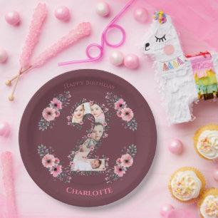 Big 2nd Birthday Girl Photo Collage Pink Flower Paper Plate