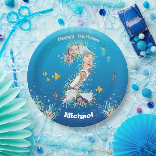 Big 2nd Birthday Photo Collage Under The Sea Paper Plate (Party)