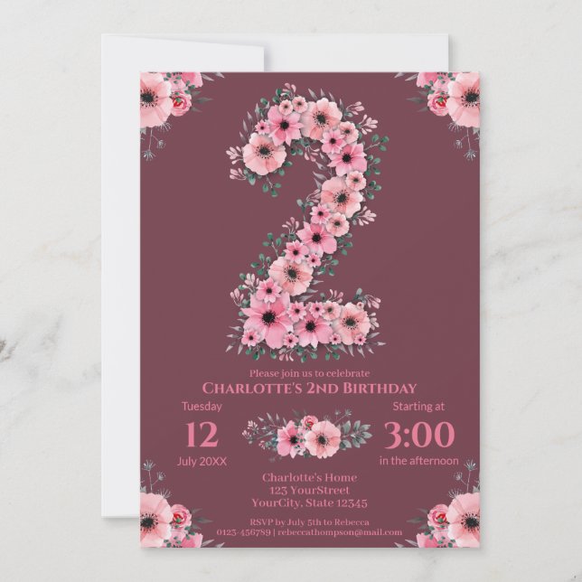 Big 2nd Birthday Pink Flowers Girl Green Foliage Invitation (Front)