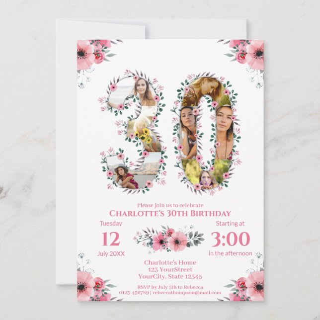 Big 30th Birthday Photo Collage Pink Flower White Invitation (Front)