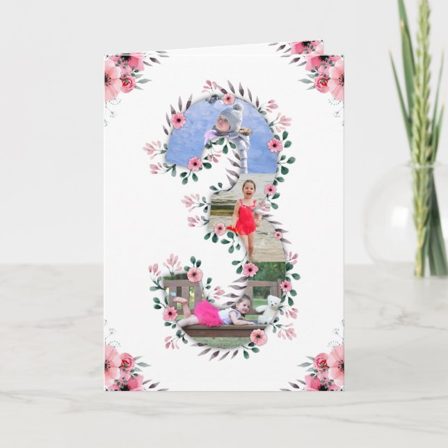 Big 3rd Birthday Girl Photo Collage Pink Flower Card (Front)