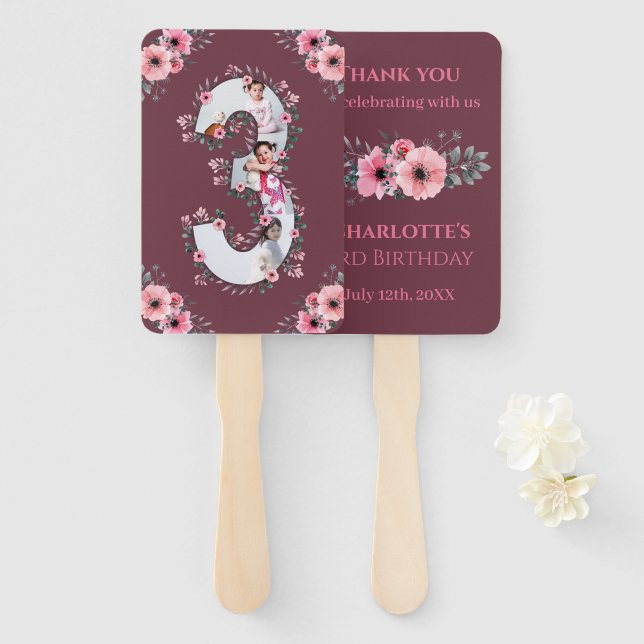 Big 3rd Birthday Girl Photo Collage Pink Flower Hand Fan (Front and Back)